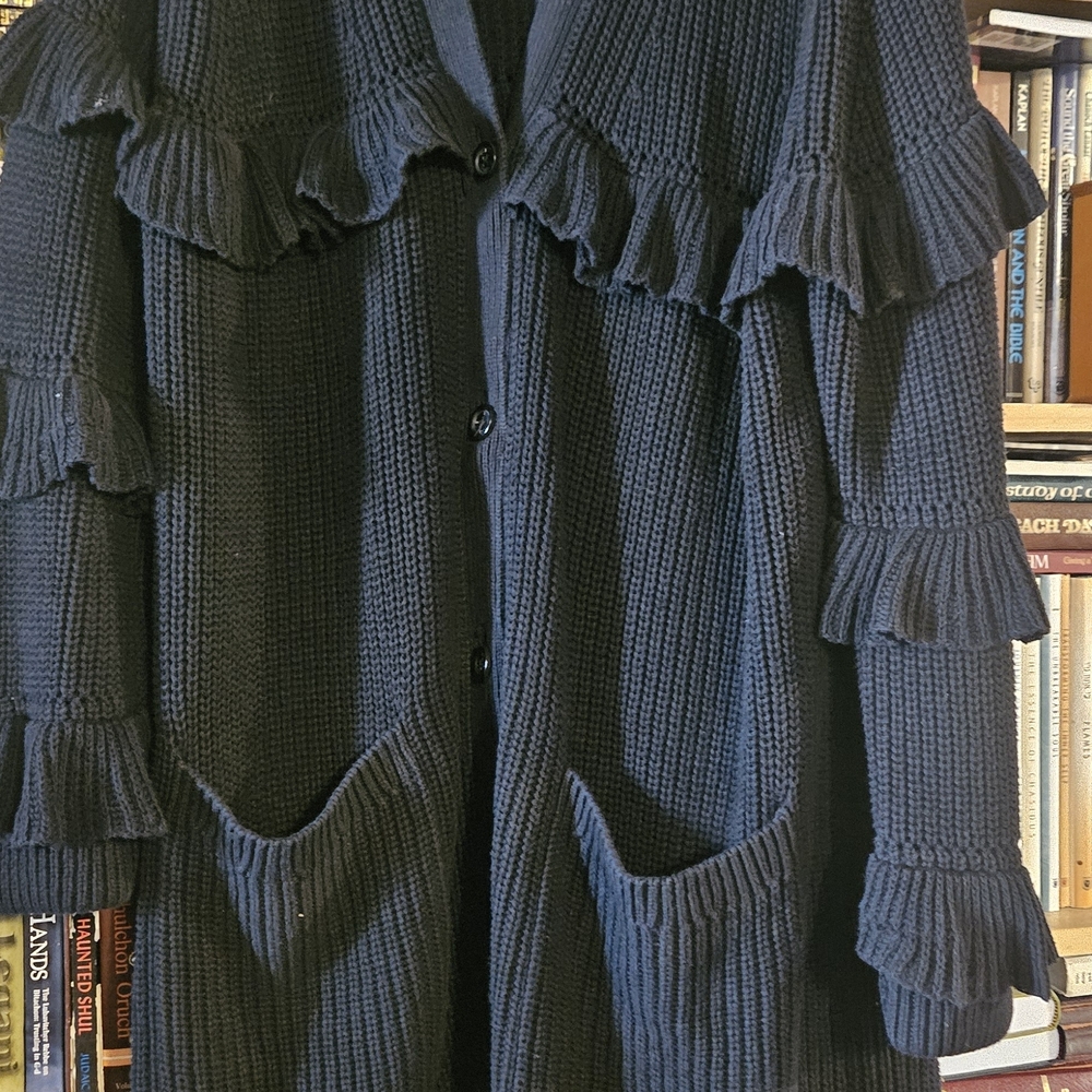 Michael Kors Black  Ruffle Knit Knee Length  Cardigan